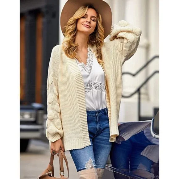 Off White Cable Knit Chunky Pom Pom Open Front Oversized Sweater Cardigan Coat - Picture 3 of 6